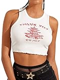 LYANER Women's Letter Print Lettuce Trim Ribbed Knit Crop Tank Cami Camisole Top White Medium