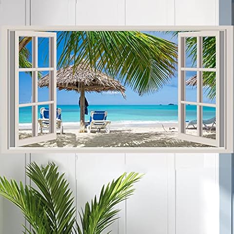 Beach Wall Sticker Fake Windows Wall Stickers Beach Seascape Wall Decals Removable 3D Ocean Wall Decals Blue Sea Landscape Palm Tree Wall Art Mural Vinyl Stickers for Bedroom Living Room Decoration Cover