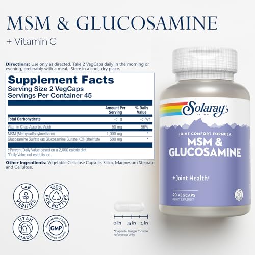 Image of SOLARAY MSM & Glucosamine - Healthy Joint Support Supplement for Flexibility and Range of Motion - Vitamin C for Enhanced Absorption - Lab Verified - 60-Day Guarantee - 45 Servings, 90 VegCaps