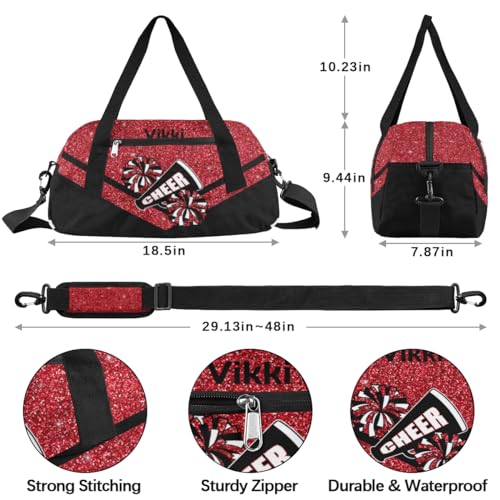 Custom Name Kids Duffel Bags for Girls Personalized Dance Gym Bag Customized Overnight Duffel Bag for Weekender Red Glitter Cheer4