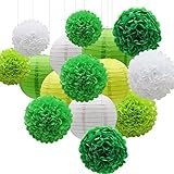 KAXIXI Hanging Party Decorations Set, 15pcs Green White Paper Flowers Pom Poms Balls and Paper Lanterns for St. Patrick's Day Birthday Bridal Baby Shower Graduation