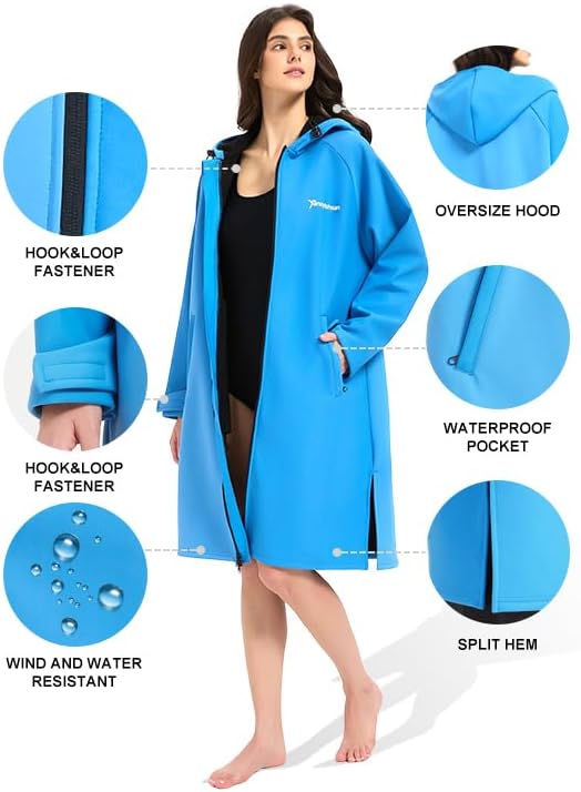 Waterproof Swimming Parka, Windproof Fleece Lined Surf Poncho Coat, Water Resistant Oversized Jacket for Swimming - Image 5