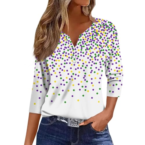 Mardi Gras Outfit for Women Formal 3/4 Sleeve Button Down Henley Vneck Bling Glitter Carnival Outfits Costumes Going Out Shirts Plus Size Trendy Curvy Mask Print Blouses Dressy Casual Petite