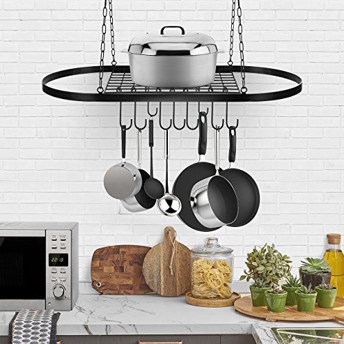 Sorbus® Pot And Pan Rack For Ceiling With Hooks — Decorative Oval Mounted Storage Rack — Multi-Purpose Organizer For Home, Restaurant, Kitchen Cookware, Utensils, Books, Household (Hanging Black) #TOP1