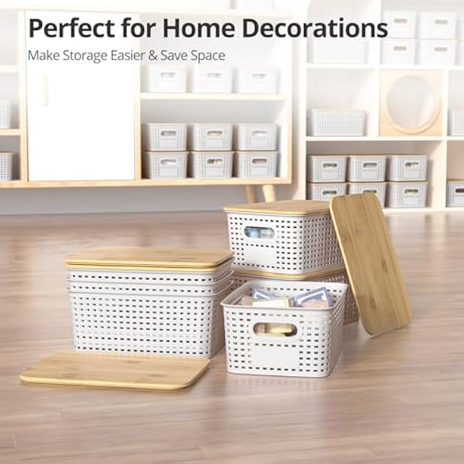 Plastic Storage Baskets with Bamboo Lids, Stackable Small Box Bins for Organizing and Containers for Shelves Drawers Desktop Closet Pantry Classroom Office Home, 6 Pack 10.2x7.2x4.1 Inch, White