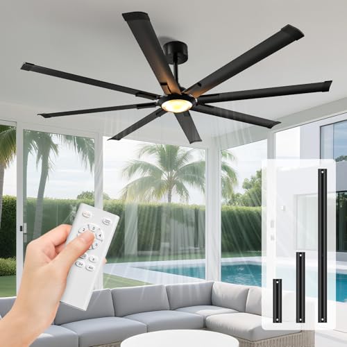 Ceiling Fans with Lights and Remote:72 Inch Indoor Outdoor Large Ceiling Fan for Living Room Patio Kitchen 8 Aluminum Blades Black Industrial Ceiling Fan 6 Speed Reversible Quiet DC Motor