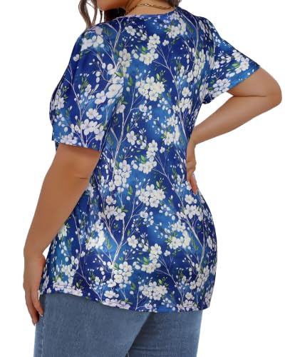 Image of Plus Size Tops for Women Summer Pleated Short Sleeve Shirts Casual Blouses | Floral or Boho Tunic, Trendy Summer Outfits, Loose Fit Business Clothes, XL to 6XL