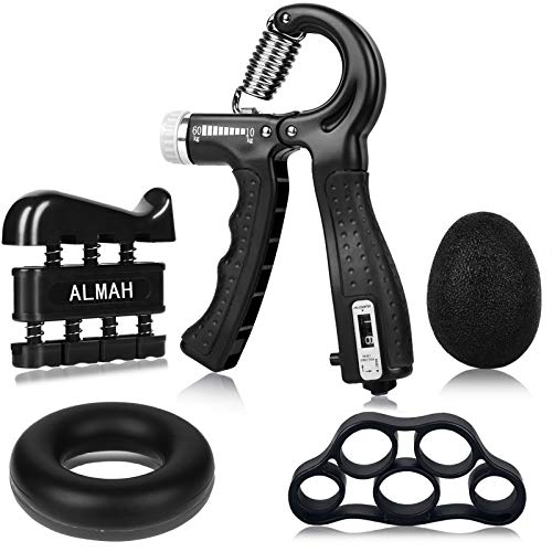 ALMAH Hand Grip Strengthener kit?5 Pack?, Forearm Trainer for Adjustable Resistance Hand Gripper,Finger Strength Exerciser, Finger Stretcher, Grip Ring & Stress Relief Grip Ball for Athelet 