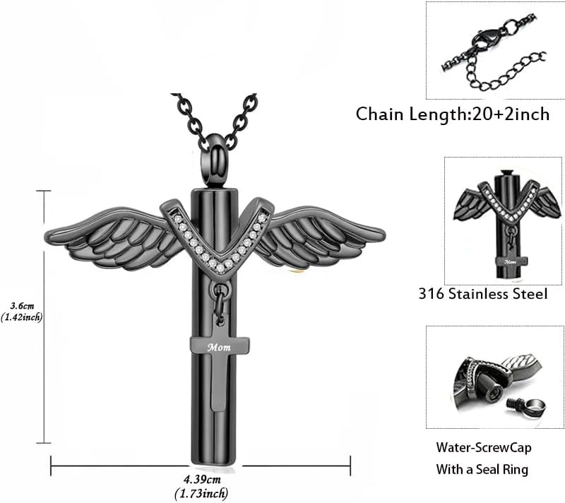 Cross Urn Necklace for Mom Dad Grandma Grandpa Brother Uncle Aunt Angel Wings Cremation Pendant Memorial Keepsake Jewelry - Image 3