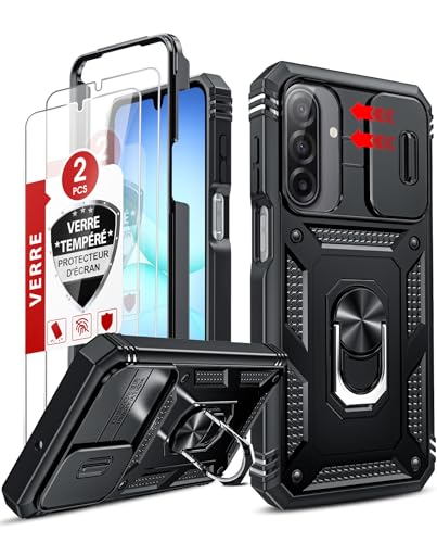 LeYi Coque pour Samsung Galaxy A17 / A26 5G avec 2*Verre Trempé+Anneau Support, Full Protection de la Caméra en PC Dur Anti-Chut Renforcée Armor Heavy Duty Antichoc Bumper Housse Etui, Noir