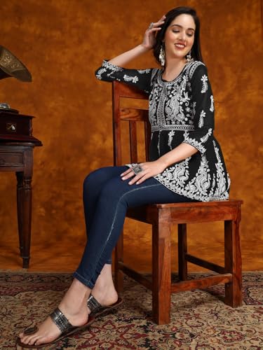 Image of EthnicJunction Georgette Women Chikan Embroidery Short A-Line Kurti | Summer Kurti | Short Kurti for Women | Top for Office | Women's Tunics Tops | Kurta Shirt Top | Regular Fit Top