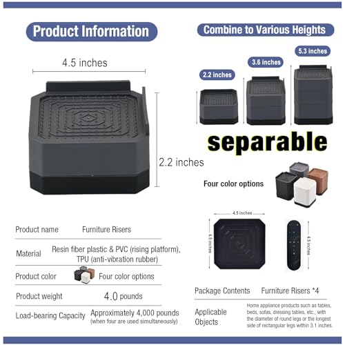 Image of EclatBain Adjustable Bed Risers 3.6&5.3 Inch, 4000 lbs, 4 Middle Pack Black