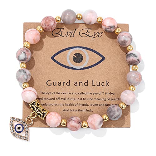 Pingyongchang Evil Eye Bracelet for Women Men Natural Stone Beads Handmade Bracelet Inspirational Bracelet with Gift Message Card Kabbalah Protection Good Luck Jewelry Gift