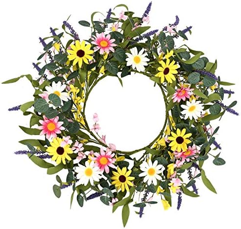Artificial Spring Wreath,20” Pink Yellow White Flower Wreath Daisy Sunflower Wreath for Front Door Wall Window Party Festival Wedding Decor
