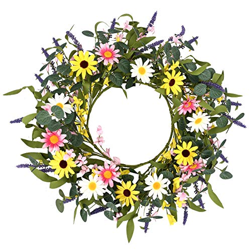 Artificial Spring Wreath,20” Pink Yellow White Flower Wreath Daisy Sunflower Wreath For Front Door Wall Window Party Festival Wedding Decor #TOP6