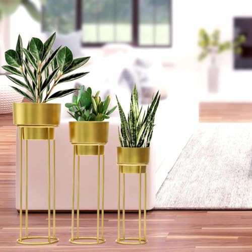 Image of ZM Handicrafts Metal Floor Planter Pot Stand with Gold Finish, Set of 3, Modern Style, for Living Room, Bedroom, Balcony, Office | Indoor /Outdoor Flower Pot Stand with Pots (Gold Pot)