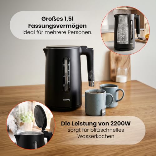 Elektrischer Wasserkocher 1,5L 2200W klassisch Messbecher für Wasser Wasserstand Edelstahl Doppelwandig automatische Abschaltung Schwarz Sicherheit vor Kochen ohne Wasser – Bild 2