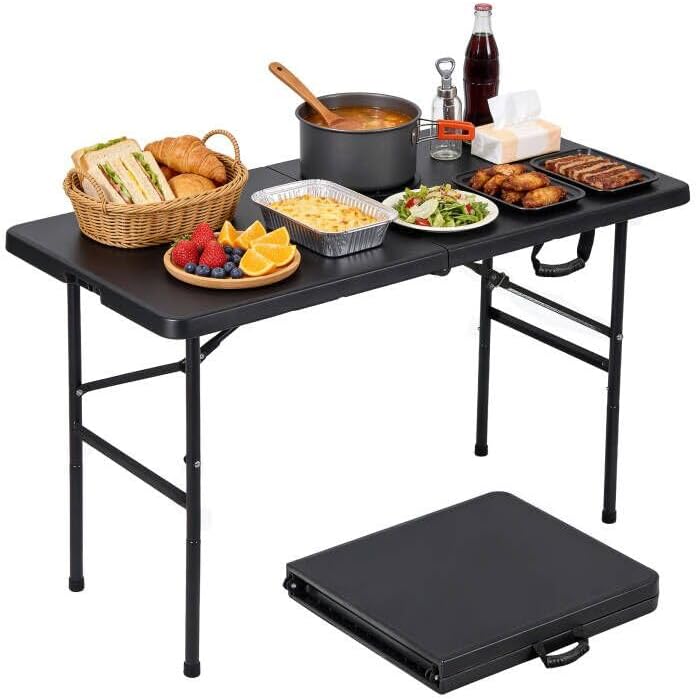 ZENY 4ft Portable Folding Table Plastic Indoor Outdoor Picnic Party Camp Dining Table with Handle, Black