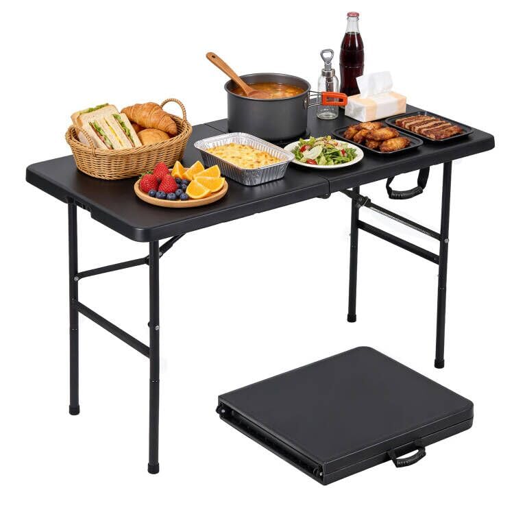 4ft Portable Folding Table Plastic Indoor Outdoor Picnic Party Camp Dining Table with Handle, Black
