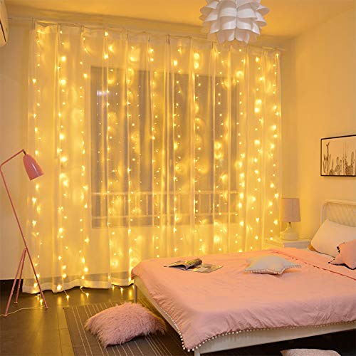 LiyuanQ Curtain String Lights 300 LEDs Window Curtain Fairy Lights Copper Wire Twinkle String Lights USB Remote Control 8 Modes Hanging Lights for Bedroom Indoor Home Wedding Decor (300 LED, Yellow)