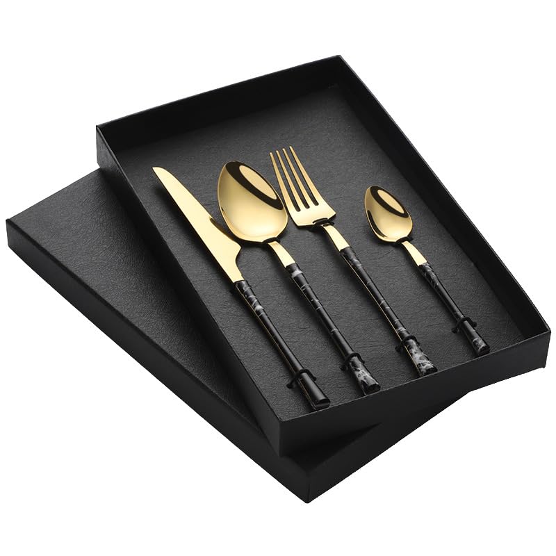 Ce Service de Couverts en Acier Inoxydable (4/16/24/32/40/48 pièces, fourchettes et cuillères) avec Manches Imitation Bois, Coloris Noir et Or, est Disponible en Noir et Or.