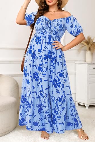 Image of Plus Size Sun Dresses Women - Summer Off the Shoulder Puff Sleeve A Line Boho Maxi Flow Long Dress 2025