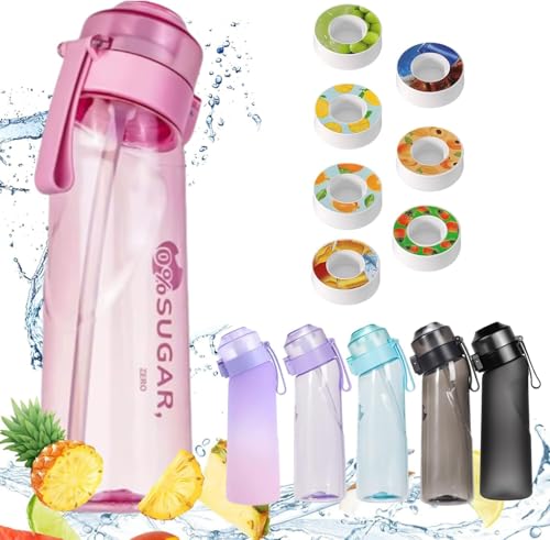 Air Water Bottle with Flavour Pods, 650ML New Fruit Scented Water Bottle With 7 Flavour Pods, Starter Up Set 0 Sugar Calorie Water Cup BPA Free &Leak Proof Fragrance for Gym Sports Outdoor(Pink)