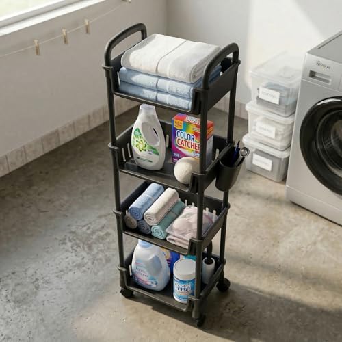 Image of Lukzer 4-Tier Plastic Rolling Storage Cart with Wheels | Multipurpose Utility Trolley Organizer with Basket Shelves & Side Holder & Hooks for Kitchen, Bathroom, Laundry & Office (Black /26x34x103 cm)