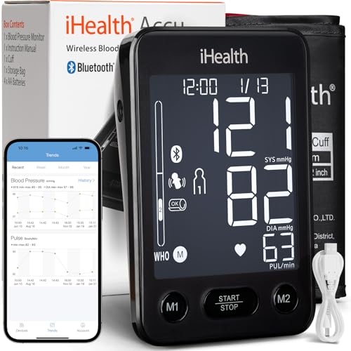 iHealth Accu Blood Pressure Monitor – 4.5" Large LCD, Clinically Accurate, Irregular Heartbeat Alert, Body & Cuff Detection, Bluetooth Sync, Adjustable Large 8.6"–17" Cuff– Easy for Seniors & Adults