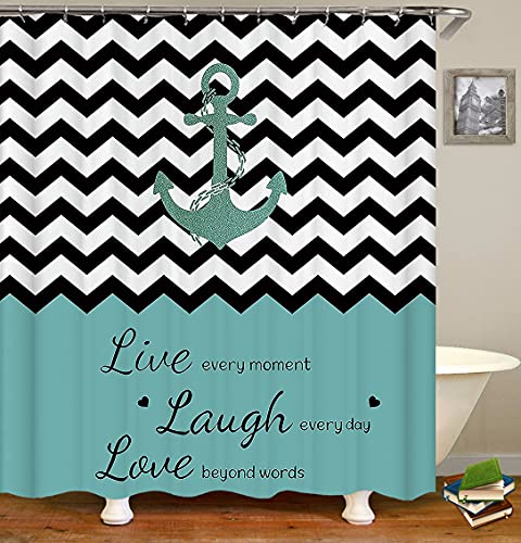 Camille&Andrew 4Pcs/Set Glitter Teal Anchor Shower Curtain, Black White Chevron Zig Zag Geometric Nautical Theme Inspirational Quotes Bathroom Decor, Non-Slip Bath Rugs Toilet Mats, Live Laugh Love #TOP2