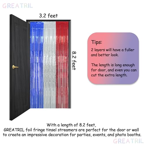 Image of Blue Silver Red Party Streamers - GREATRIL Patriotic Tinsel Foil Fringe Backdrop Decorations for 4th of July Decorations /Independence Day /Memorial Day Party Supplies 3.2ft x 8.2ft 2 PCS