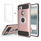 Google Pixel 2 XL Phone Case with Tempered Glass Screen Protector Ring Holder Stand Kickstand Slim Heavy Duty Silicone Protective Rugged Cover for Google Pixel2 2XL Women Men Girls Pink Rose Gold