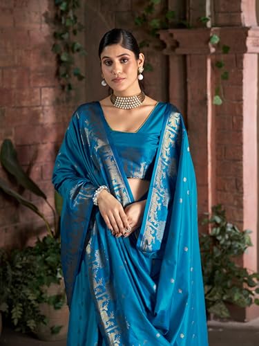 Image of MADHUHANSH Women's Cotton Silk Saree with Unstitched Blouse Piece Zari Weave and Floral Pattern | Heavy Embroidery Saree for Women | Interview Saree for Women | Readymade Blouse with Saree Set