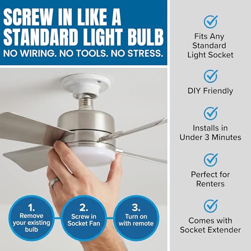 Image of Bell+Howell Socket Breeze 15.4 inch Socket Fan Light - Portable Low Profile Ceiling Fans with Lights and Remote Control For Bedroom, Kitchen, Living Room - Silver, Warm Light