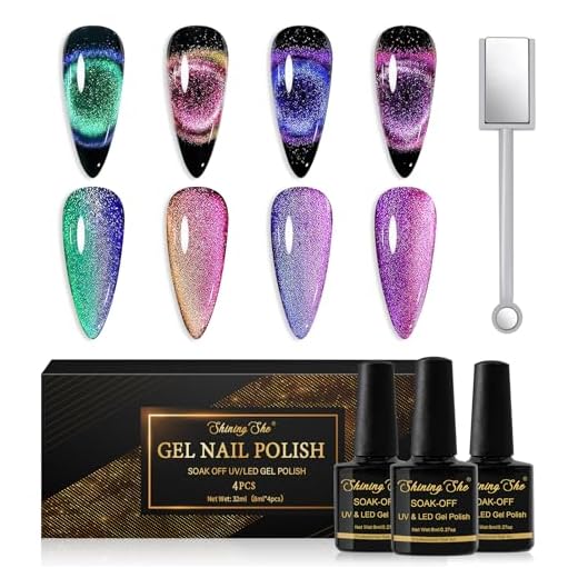Shining She Esmalte Semipermanente de Uñas en Gel UV LED,4 Colores Rosa Verde Morado Azul 9D Ojo de Gato Cat Eye Gel Polish Set con Imán,Pintauñas Semipermanentes para Art DIY,8ML