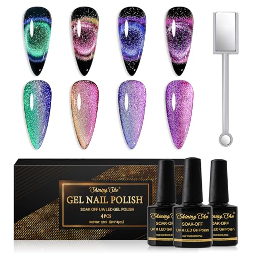Shining She Esmalte Semipermanente de Uñas en Gel UV LED,4 Colores Rosa Verde Morado Azul 9D Ojo de Gato Cat Eye Gel Polish Set con Imán,Pintauñas Semipermanentes para Art DIY,8ML