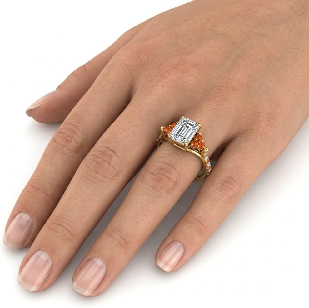 Choose Your Gemstone Emerald Cut Petite Cathedral Diamond CZ Ring Yellow Gold Plated Emerald Shape Petite Engagement Rings for Women, Girls and Ladies US Size 4 to 12