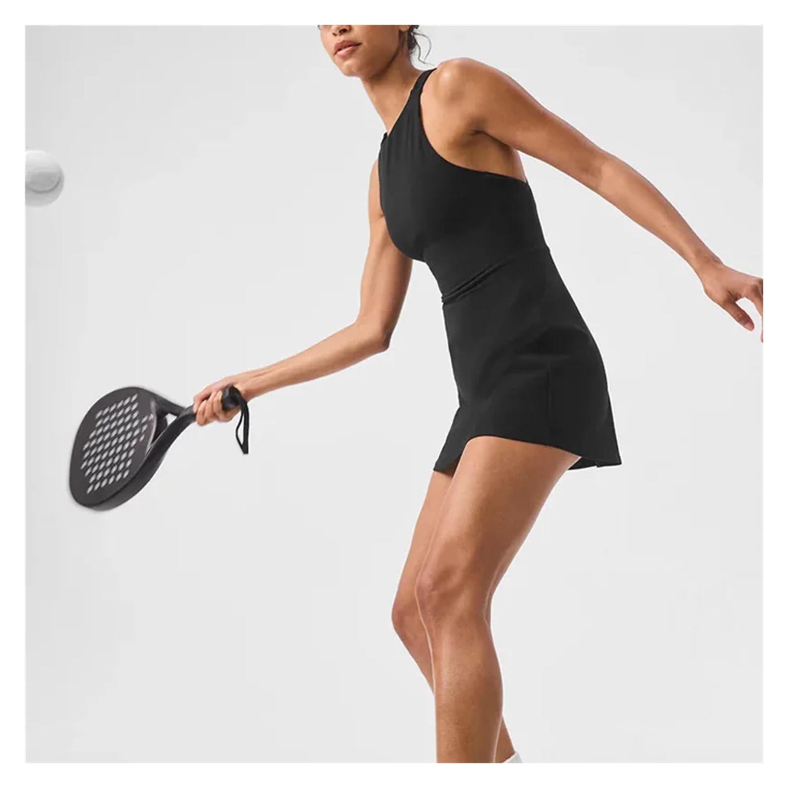Sportkleid Anti Glare Integrierte Tennis Sport Outdoor Yoga Kleidung Nackt Hals Tennis Rock Abnehmbare(Black,XL)