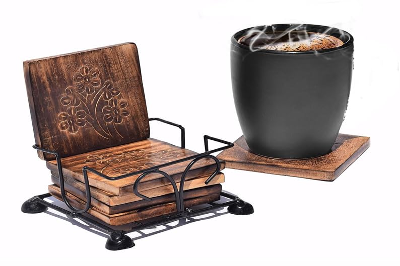 natureCRAFTS Wooden Coasters for Drinks Set of 6 with Iron Holder, Durable and Long Lasting Wood and Iron Tea Coaster Stand for Glass or Table Top use (B09GNXFY5G) Amazon Price History, Amazon Price Tracker