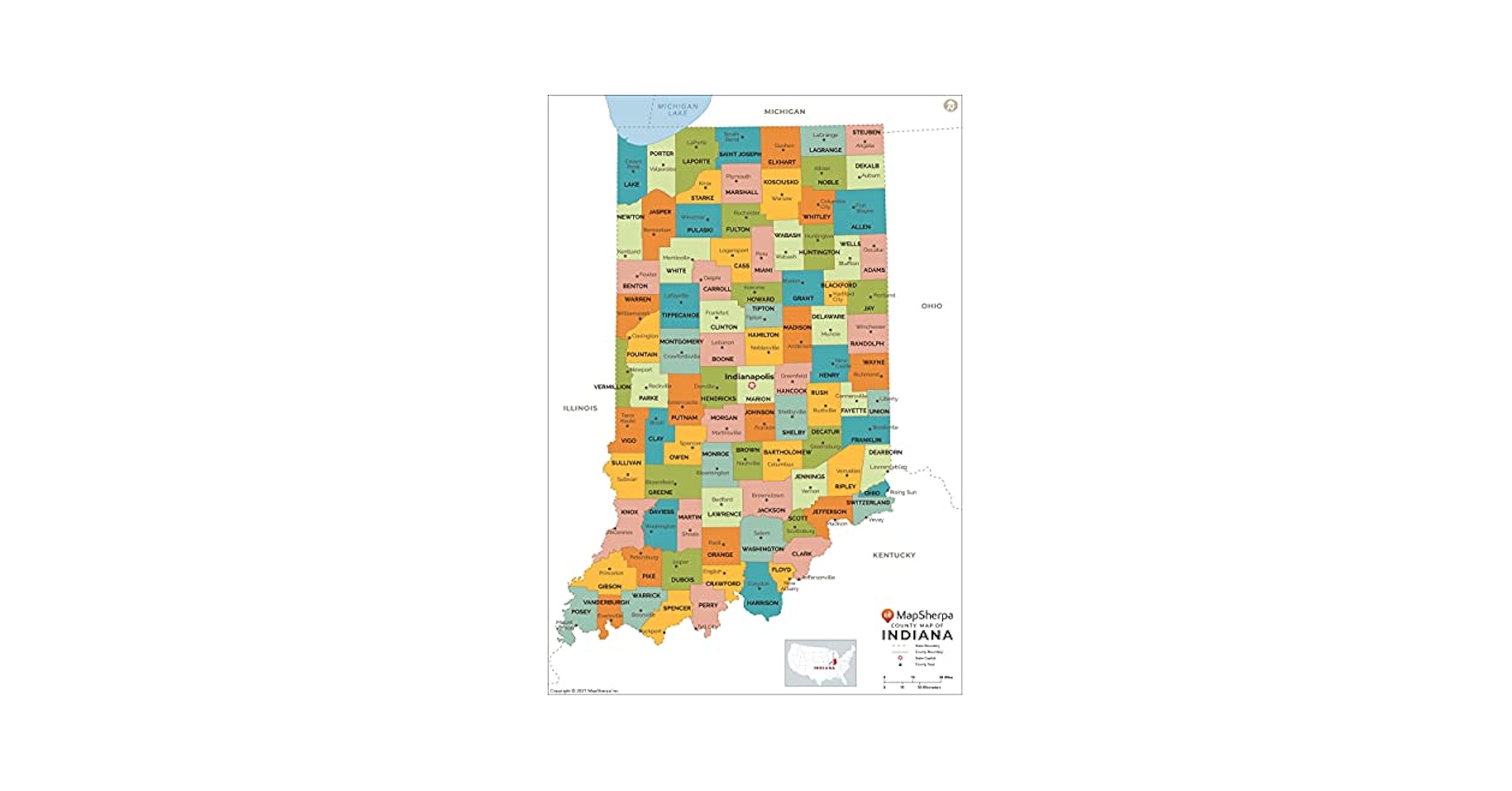 amazon-com-indiana-counties-map-standard-36-x-52-25-laminated-office-products for Free Printable Map Of Indiana Amazon.com : Indiana Counties Map - Standard - 36