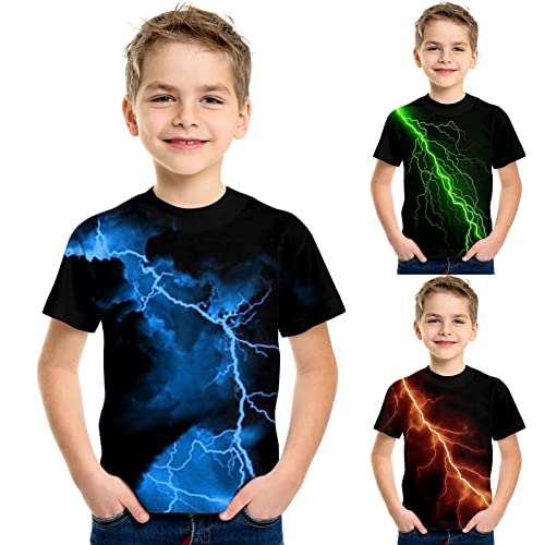 3D 𝐋ightning Graphic Tees for Boys Girls, Kids Short Sleeve Crewneck Funny T Shirt, Cute Pattern Casual Tops3