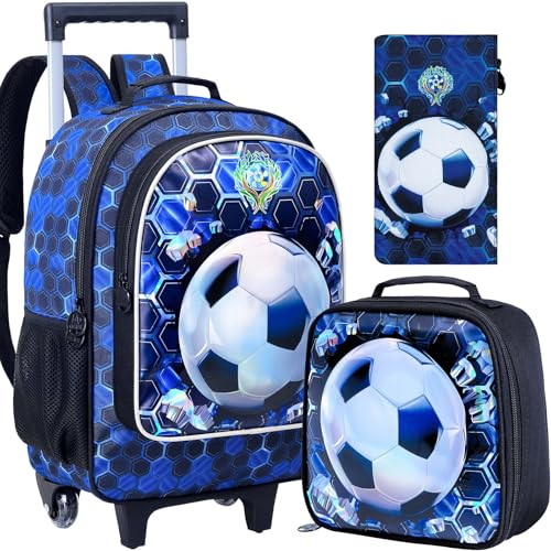 3PCS Rolling Backpack for Boys, Soccer Roller School Bookbag with Lunch Bag, Water Resistant Football Wheeled Backpacks for Teens Boys Elementary Trave