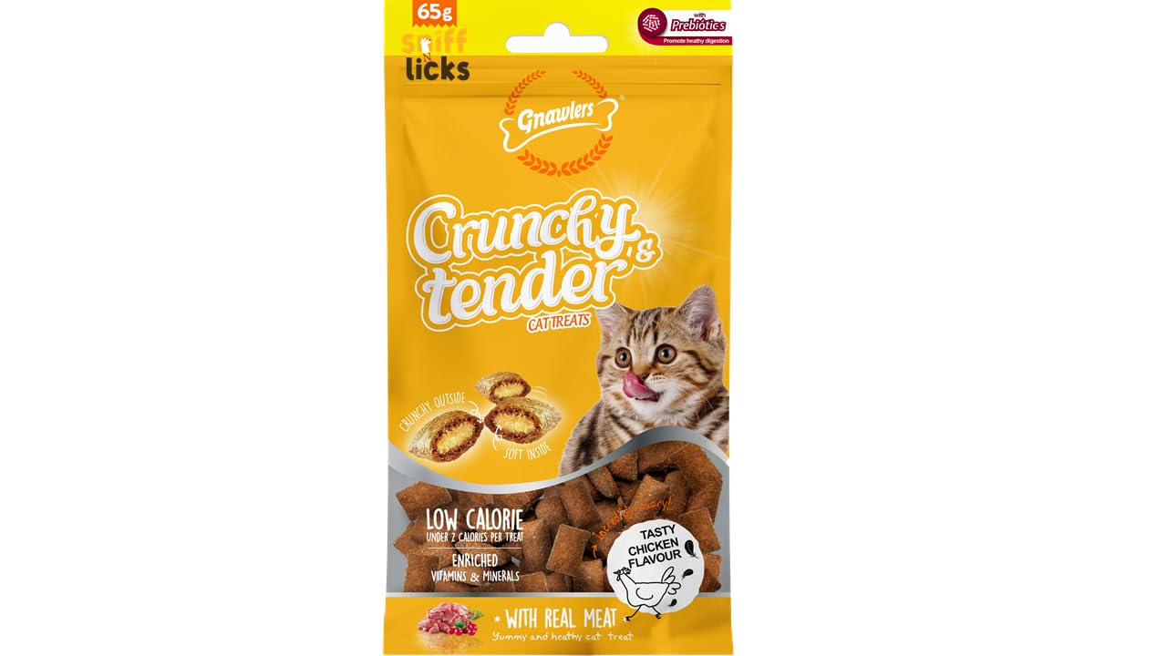 Gnawlers Crunchy & Tender Cat Treats 65g - Tasty Chicken Flavour (Pack of 4) Newly Launched by, All Life Stages, stick