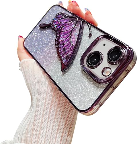 Image of MIDOS Designed Compatible with iPhone 14 Plus Case with Glitter Cute Butterfly Plating Design Aesthetic Women Girls Cover for iPhone 14 Plus (Purple)