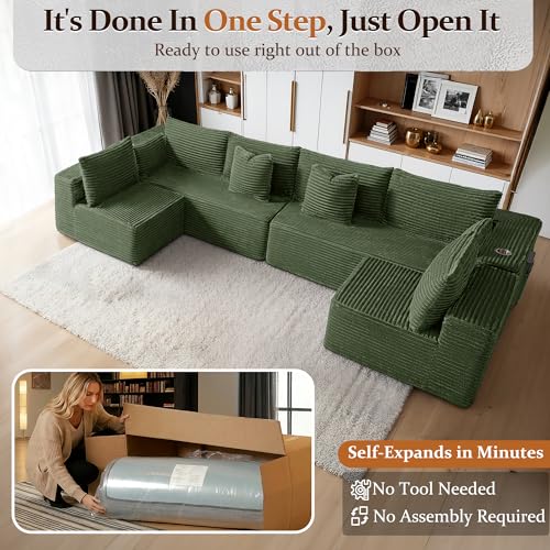 Image of 138 inch Cloud Sectional Couch, Comfort U Shaped Sofa for Living Room, Extra Deep Seats No Assembly, Minimalist Modular Couch, Corduroy (Olive Green, 6 Seats,U-Shape B)