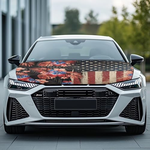 Image of Retro American Flag Front Hood Covers for Cars Hibiscus Car Hood Cover for Women Car Hood Cover Wrap Auto Decor Adjustable Automotive Hood Covers for Cars Sedan Accessories, 4th of July