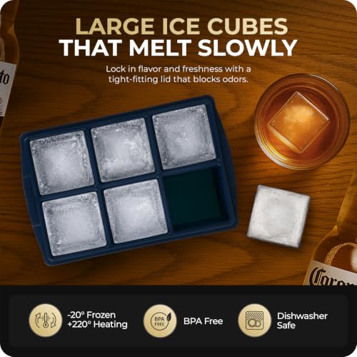 Image of Large Ice Cube Trays for Whiskey, Silicone Ice Cube Tray, with Reinforced Steel Ring Top, Makes 12 perfect 2-in ice cubes, Square Ice Tray for Cocktails, Whiskey, Coffee. (2 Pack)