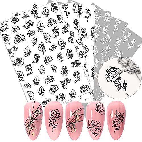 Flowers Nail Art Stickers Decals Nail Art Supplies 3D Self-Adhesive Black-White Rose Flower Nail Decals Floral Design Manicure Retro Flower Designer Nail Stickers for Acrylic Nails Decoration 6 Sheets