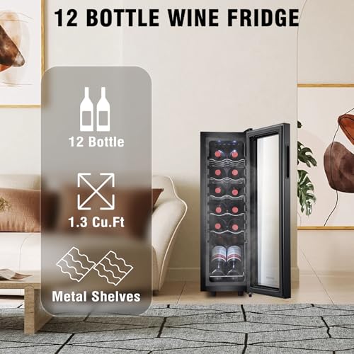 Image of 12 Bottle Wine Cooler, Mini Fridge for Red and White, Small Freestanding Refrigerator with 40-66F Digital Temperature Control Glass Door