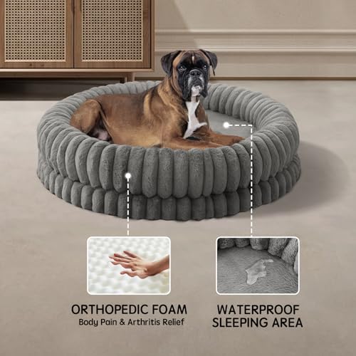 Image of BALANCE Luxury Donut Dog Bed, 43 Inches Round Dog Beds Large Sized Dogs Washable, Orthopedic Calming Dogs Bed for Pets with Anti-Slip Bottom, Gray